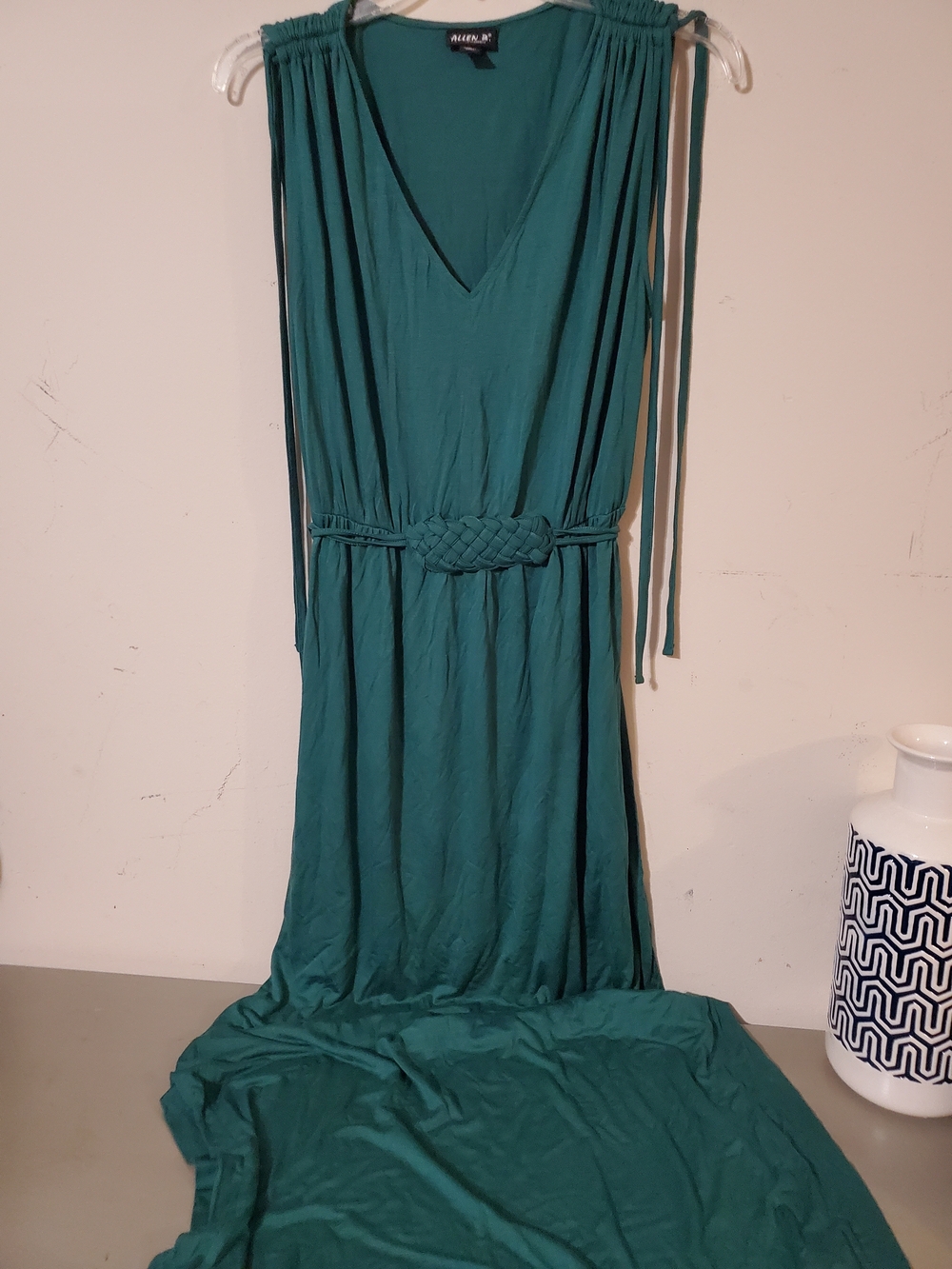 Y2k Jewel Tone Green V-Neck Maxi Goddess Dress with Braided Tie Waist